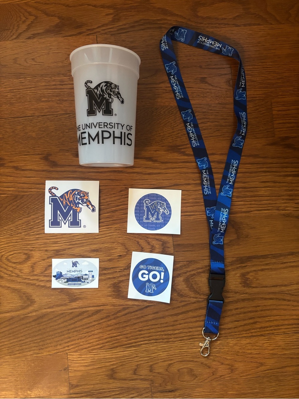 University of Memphis Blue Lanyard & Fan Cup with Free Stickers